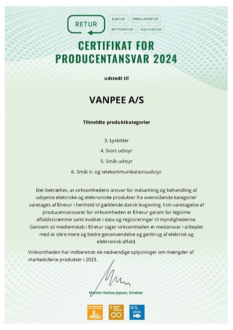 Certifikat for producentansvar 2024 - Elretur