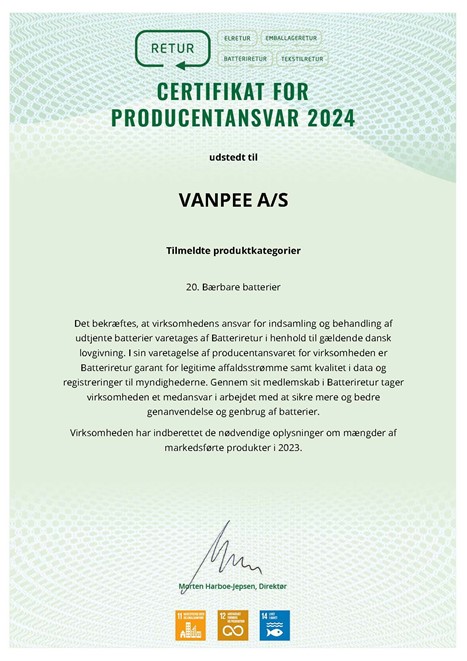 Certifikat for producentansvar 2024 - Batteriretur